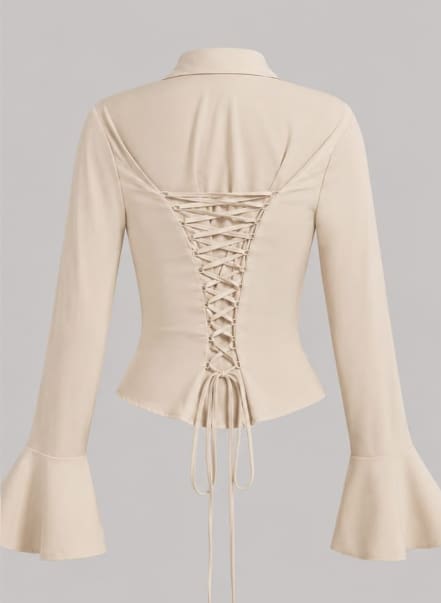 SHEIN Women’s Beige Lace-Up Back Flare Sleeve Blouse