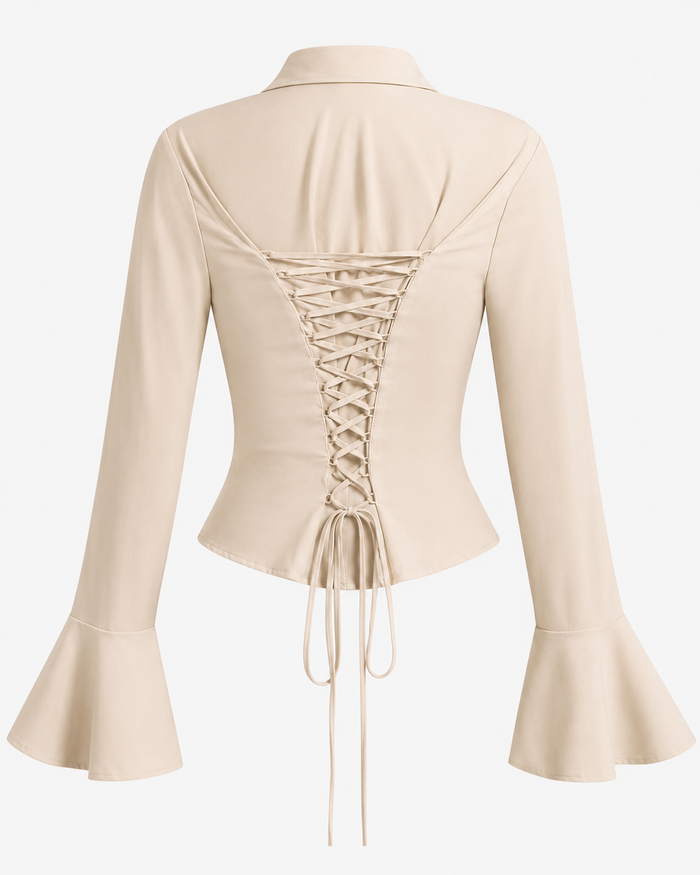 SHEIN Women’s Beige Lace-Up Back Flare Sleeve Blouse