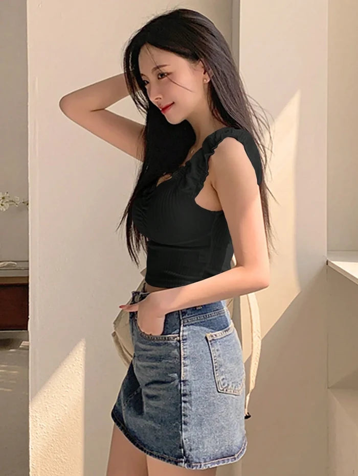 SHEIN Women’s Black Ruched Ruffle Strap Crop Top