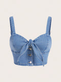SHEIN Women’s Blue Denim Tie Front Crop Top