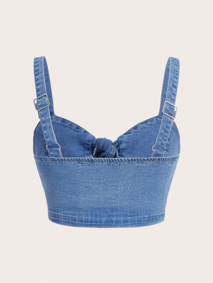SHEIN Women’s Blue Denim Tie Front Crop Top