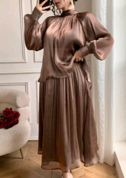 SHEIN Women’s Bronze Satin Blouse and Maxi Skirt Set