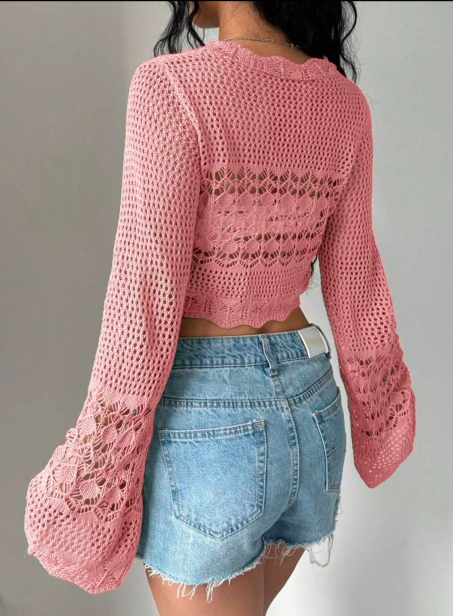 SHEIN Women’s Dusty Pink Crochet Tie-Front Bolero