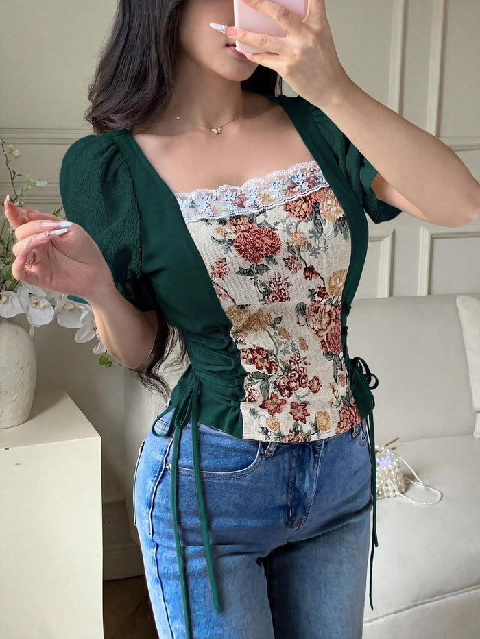 SHEIN Women’s Green Floral Corset Blouse with Puff Sleeves