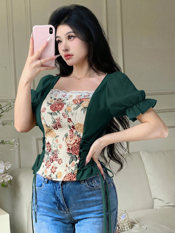 SHEIN Women’s Green Floral Corset Blouse with Puff Sleeves