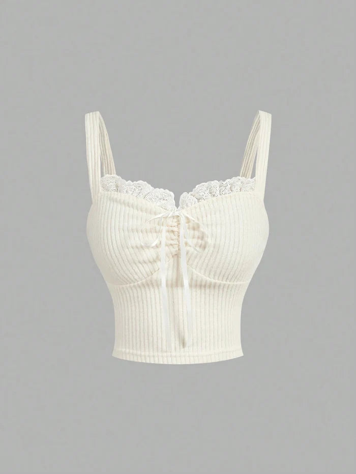 SHEIN Women’s Ivory Ribbed Lace Trim Ruched Cami Top