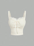 SHEIN Women’s Ivory Ribbed Lace Trim Ruched Cami Top