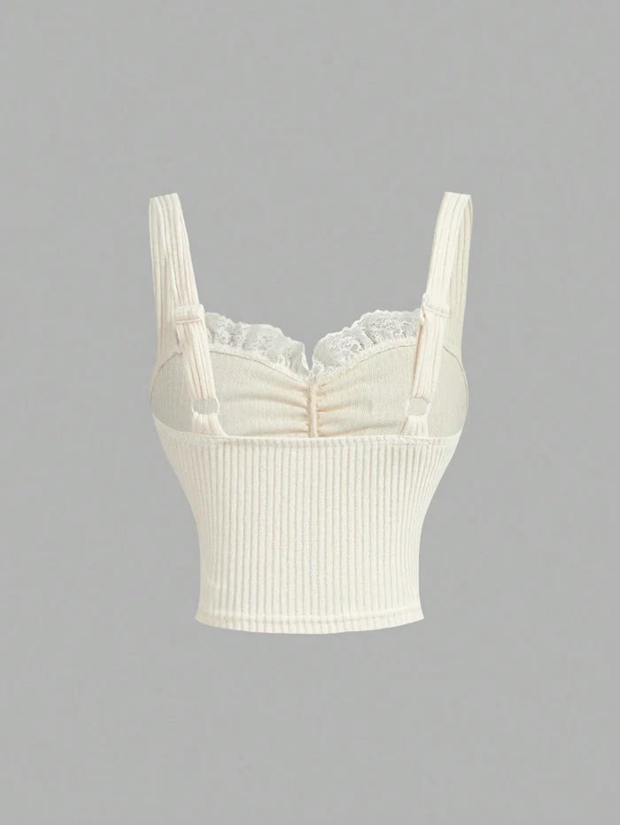 SHEIN Women’s Ivory Ribbed Lace Trim Ruched Cami Top