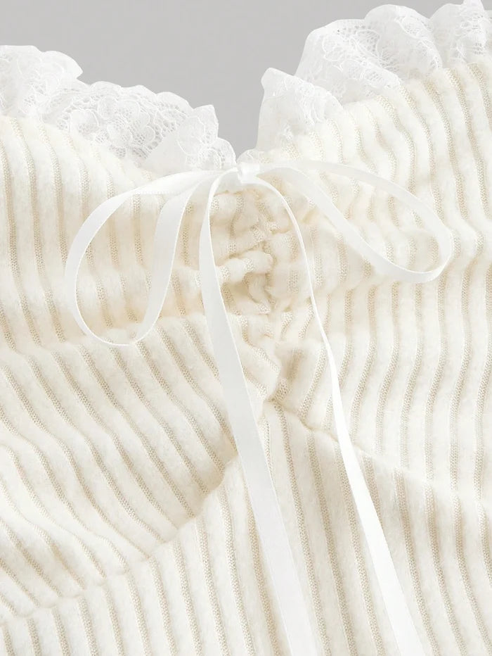 SHEIN Women’s Ivory Ribbed Lace Trim Ruched Cami Top