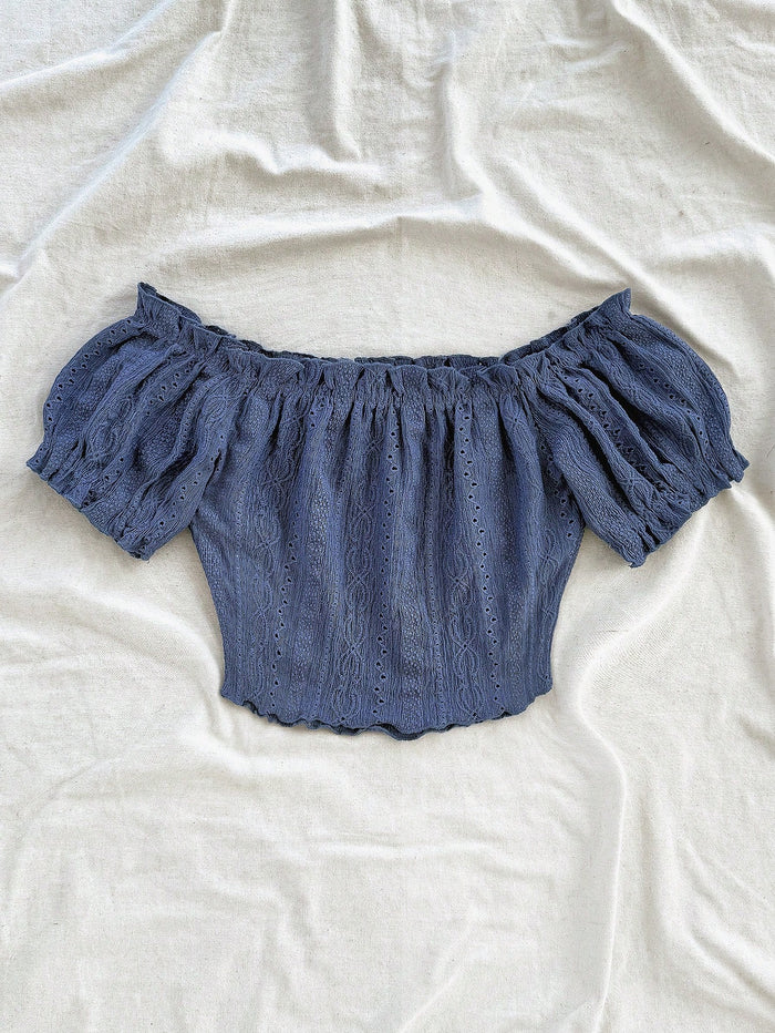 SHEIN Women’s Navy Blue Off-Shoulder Eyelet Crop Top