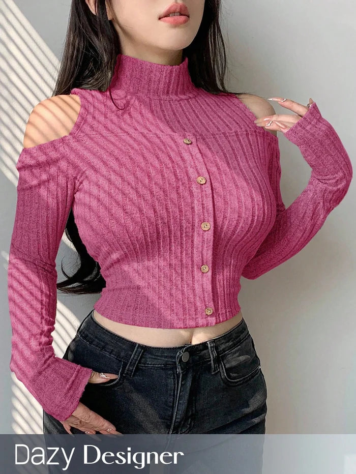 SHEIN Women’s Pink Cold Shoulder Ribbed Crop Top