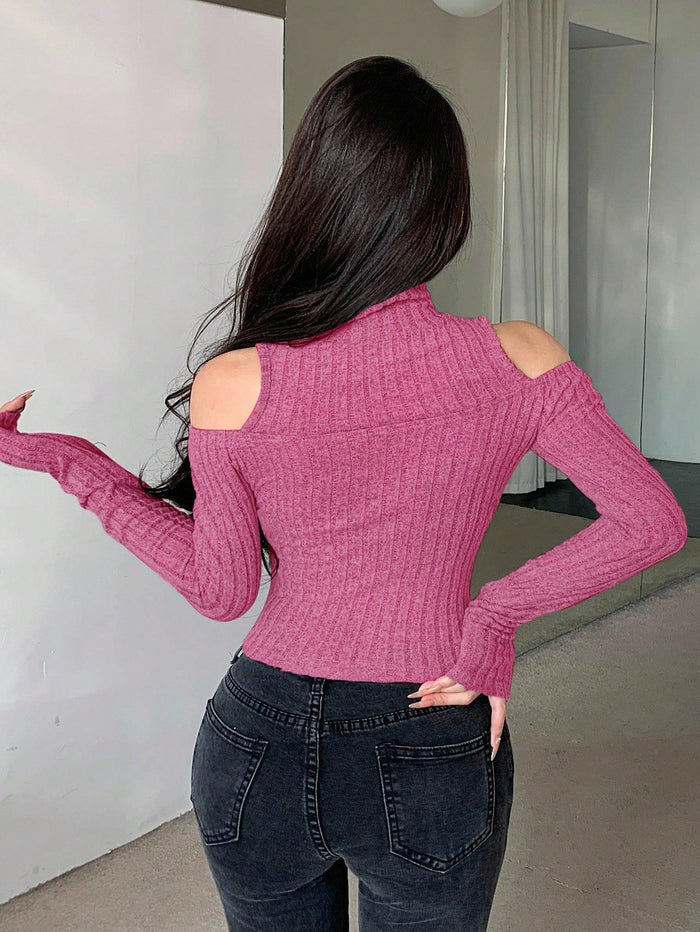 SHEIN Women’s Pink Cold Shoulder Ribbed Crop Top