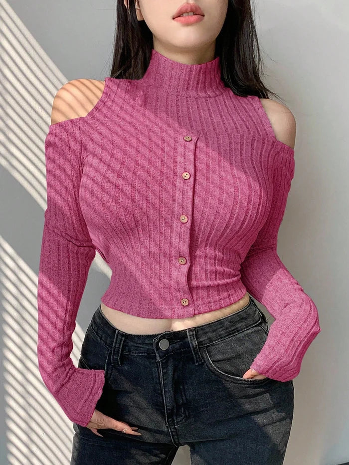 SHEIN Women’s Pink Cold Shoulder Ribbed Crop Top