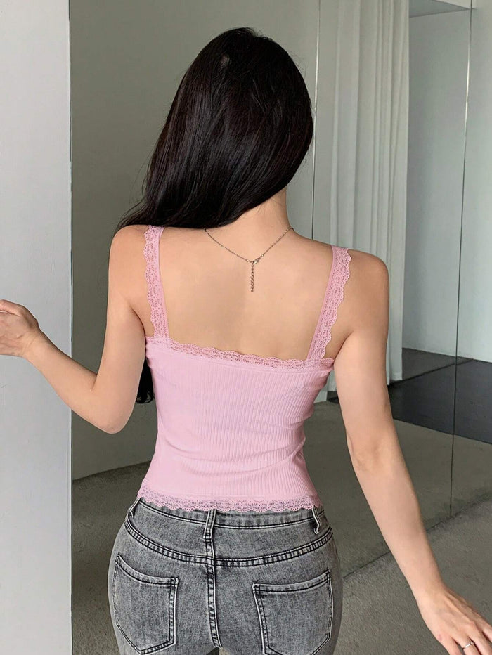 SHEIN Women’s Pink Lace Trim Button Front Cami Top