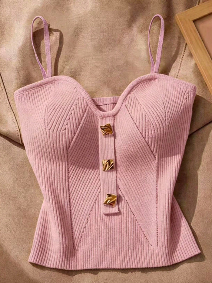 SHEIN Women’s Pink Ribbed Corset Cami Top with Gold Buttons