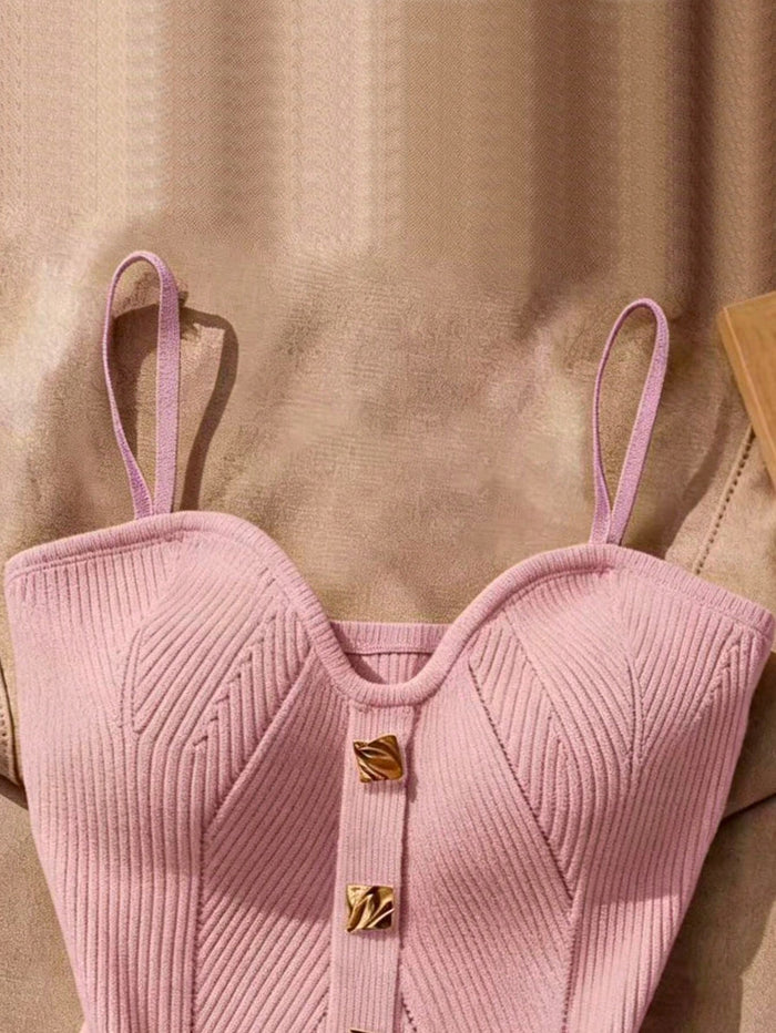 SHEIN Women’s Pink Ribbed Corset Cami Top with Gold Buttons