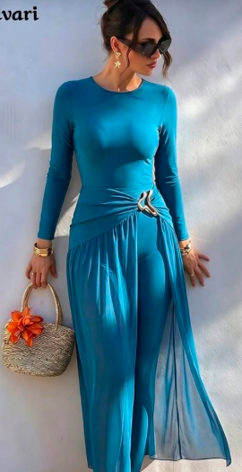 SHEIN Women’s Teal Ruched Waist Long-Sleeve Maxi Dress