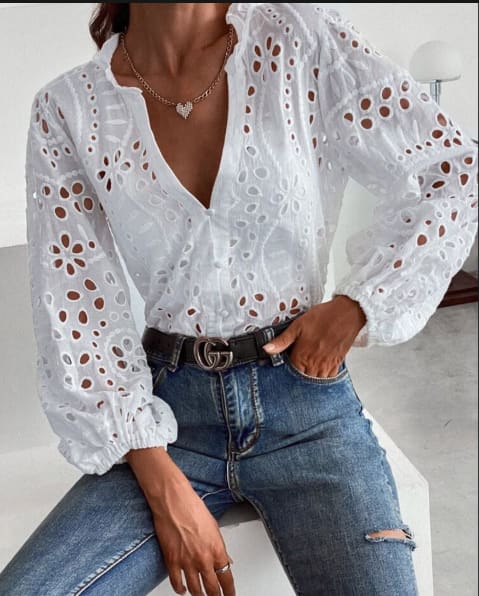 SHEIN Women’s White Eyelet Embroidered Long Sleeve Blouse