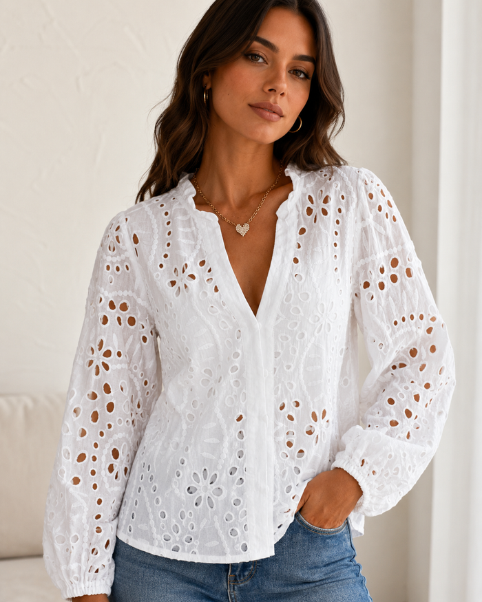 SHEIN Women’s White Eyelet Embroidered Long Sleeve Blouse