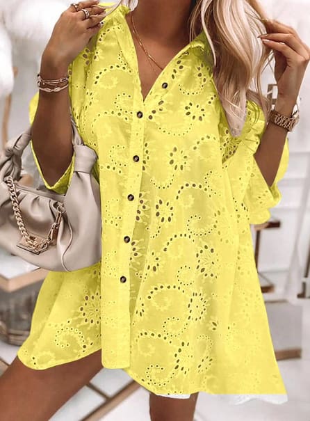 SHEIN Yellow Eyelet Button-Up Shirt Dress