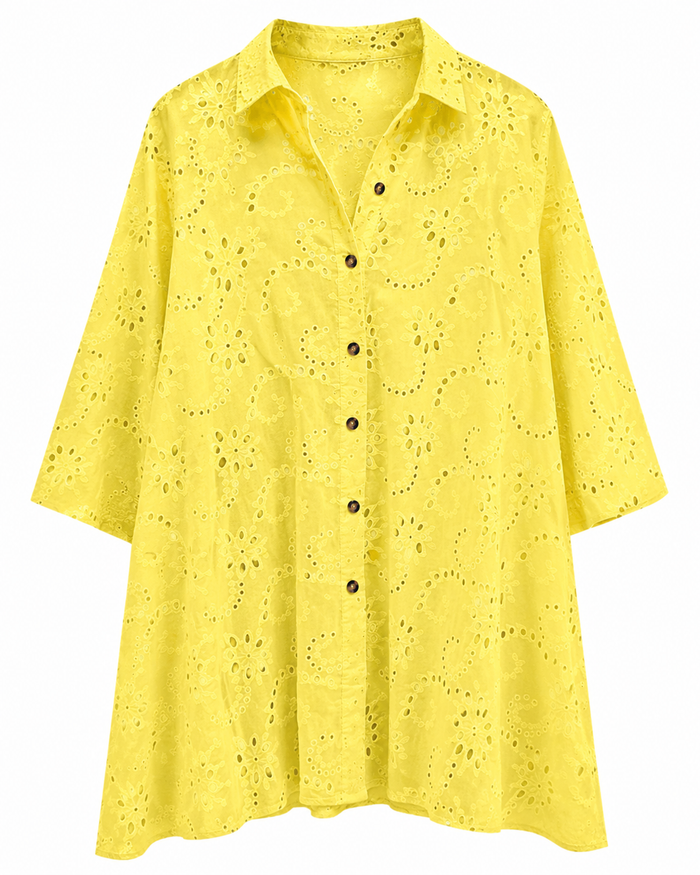 SHEIN Yellow Eyelet Button-Up Shirt Dress