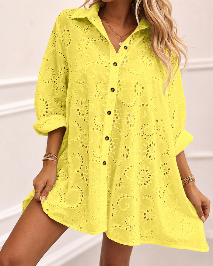 SHEIN Yellow Eyelet Button-Up Shirt Dress