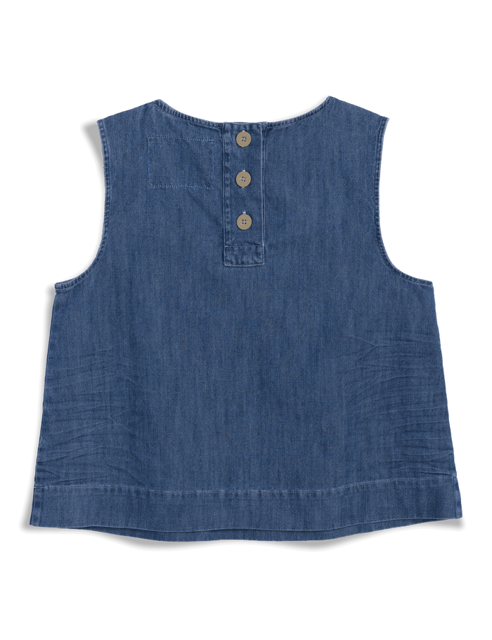 Blue denim sleeveless top on a white background