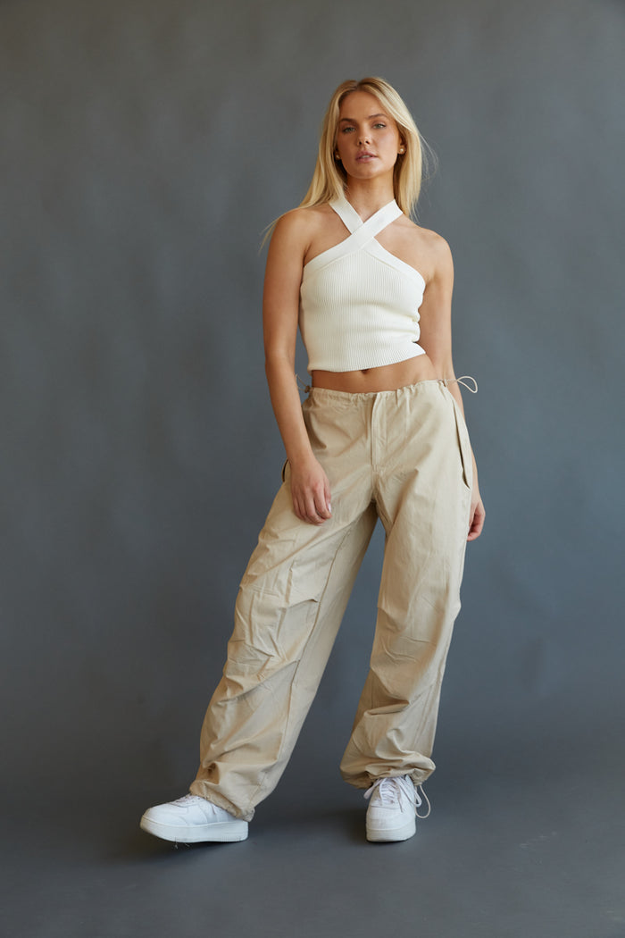 beige baggy parachute pants