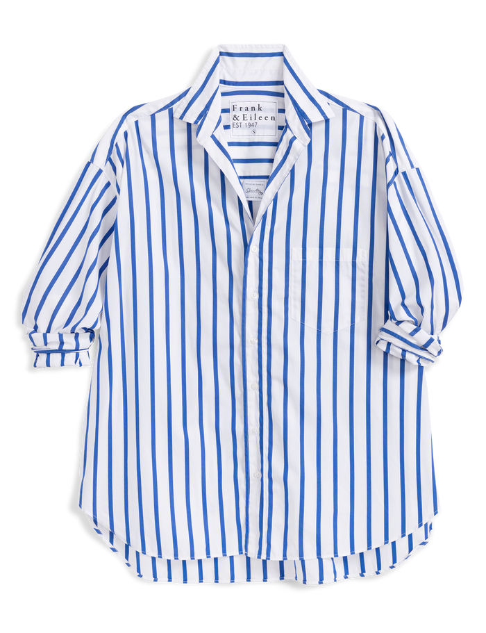 Blue and white striped shirt on a white background