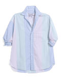 Light blue and white striped shirt with 'Frank & Eileen' label on a black background