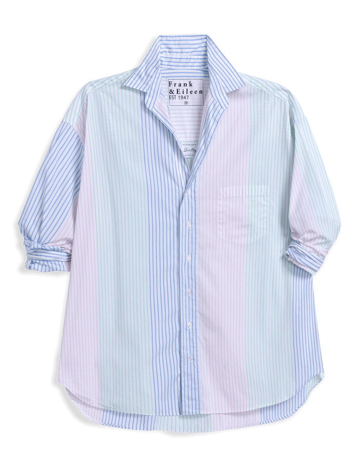 Light blue and white striped shirt with 'Frank & Eileen' label on a black background