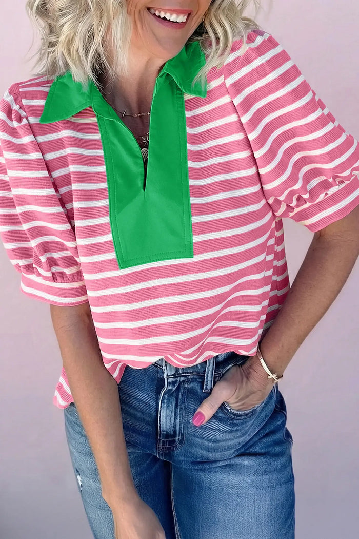 Short Puff Sleeve Color Block Polo Collar Blouse – Pink Stripe