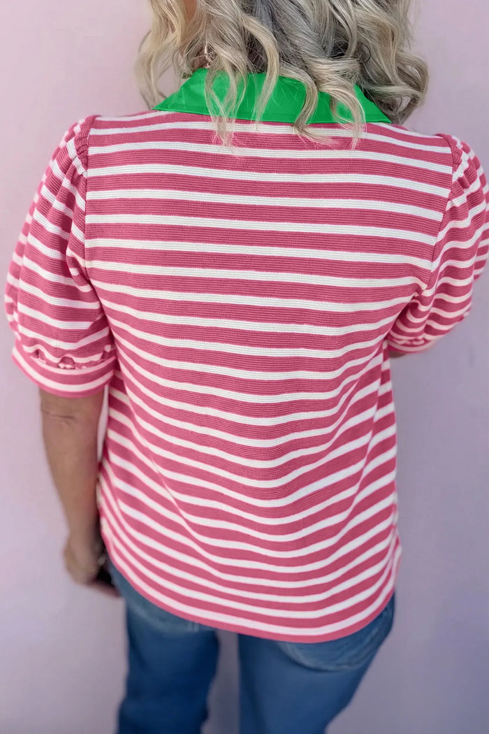 Short Puff Sleeve Color Block Polo Collar Blouse – Pink Stripe