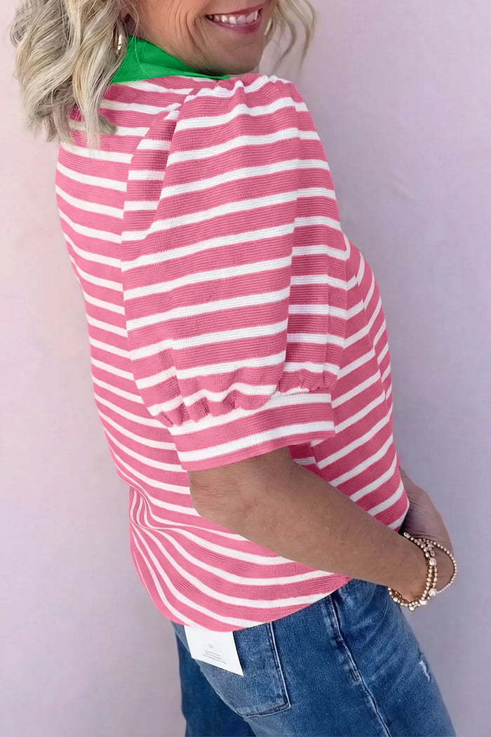 Short Puff Sleeve Color Block Polo Collar Blouse – Pink Stripe
