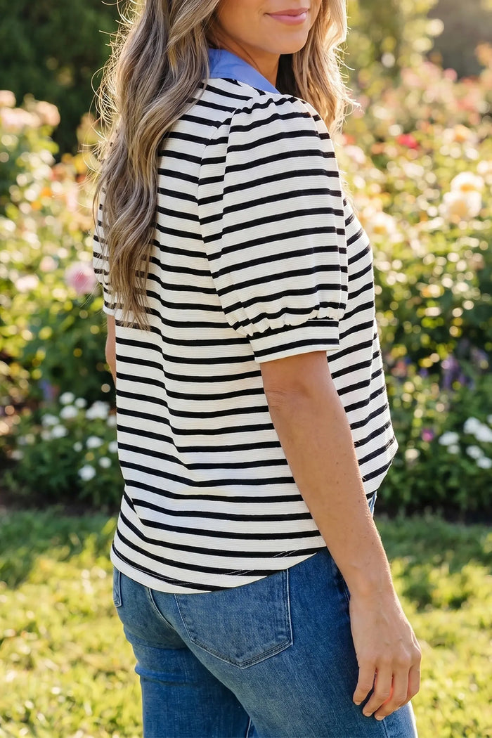 Short Puff Sleeve Color Block Polo Collar Blouse – Pink Stripe