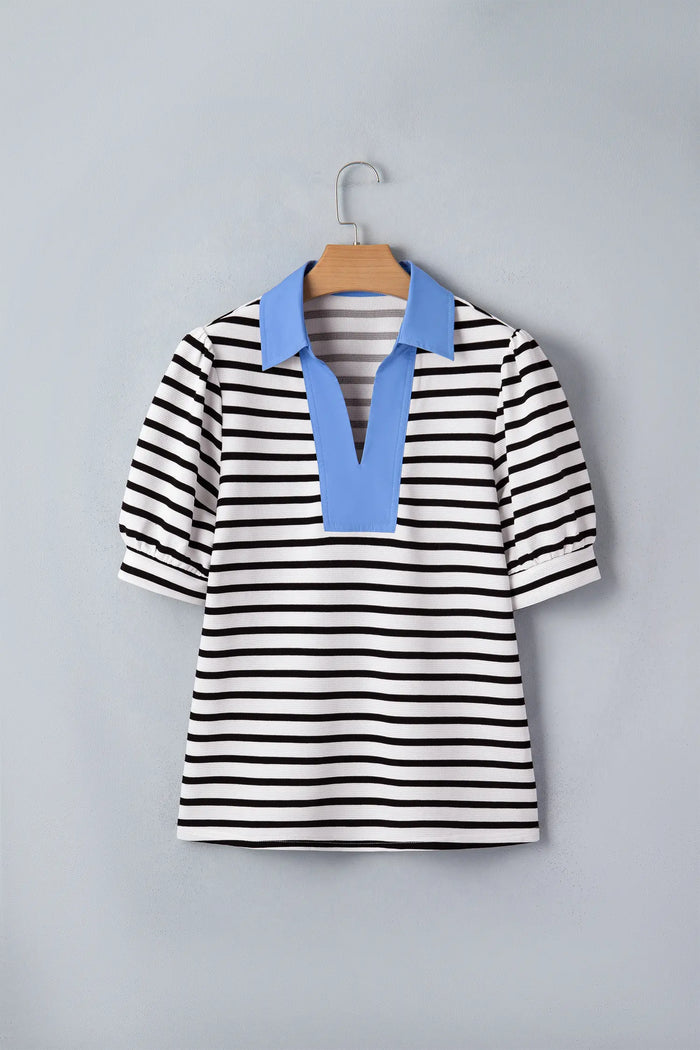 Short Puff Sleeve Color Block Polo Collar Blouse – Pink Stripe