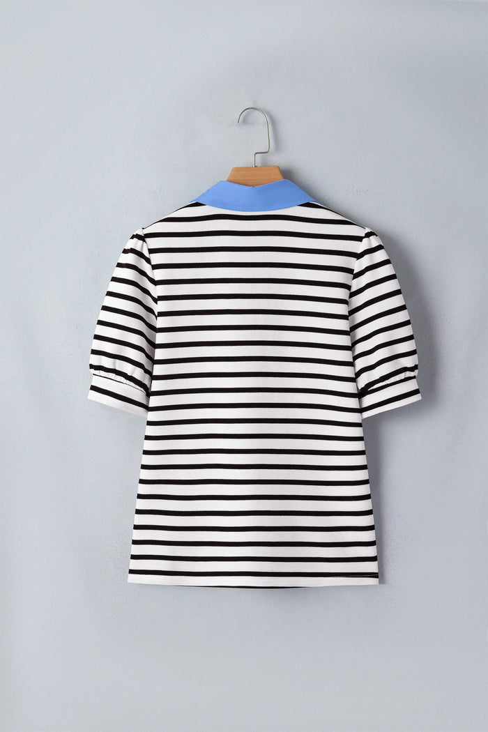 Short Puff Sleeve Color Block Polo Collar Blouse – Pink Stripe