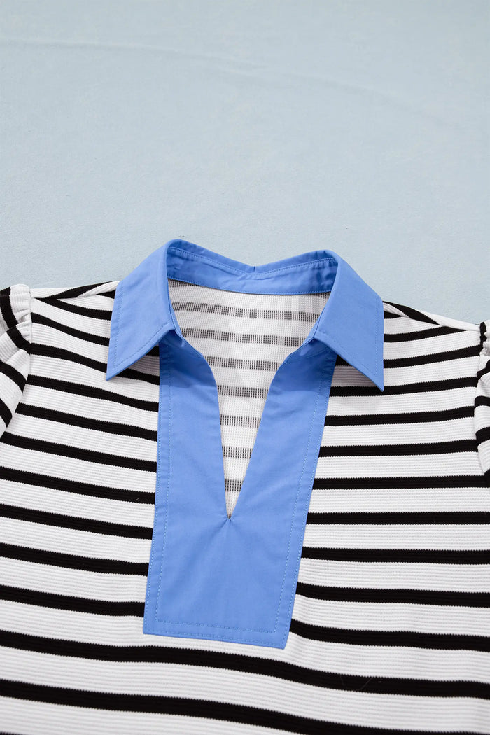 Short Puff Sleeve Color Block Polo Collar Blouse – Pink Stripe