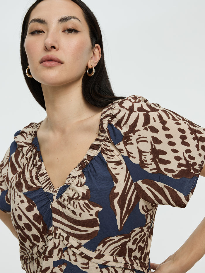 Short-Sleeve Midi Dress with V Neckline