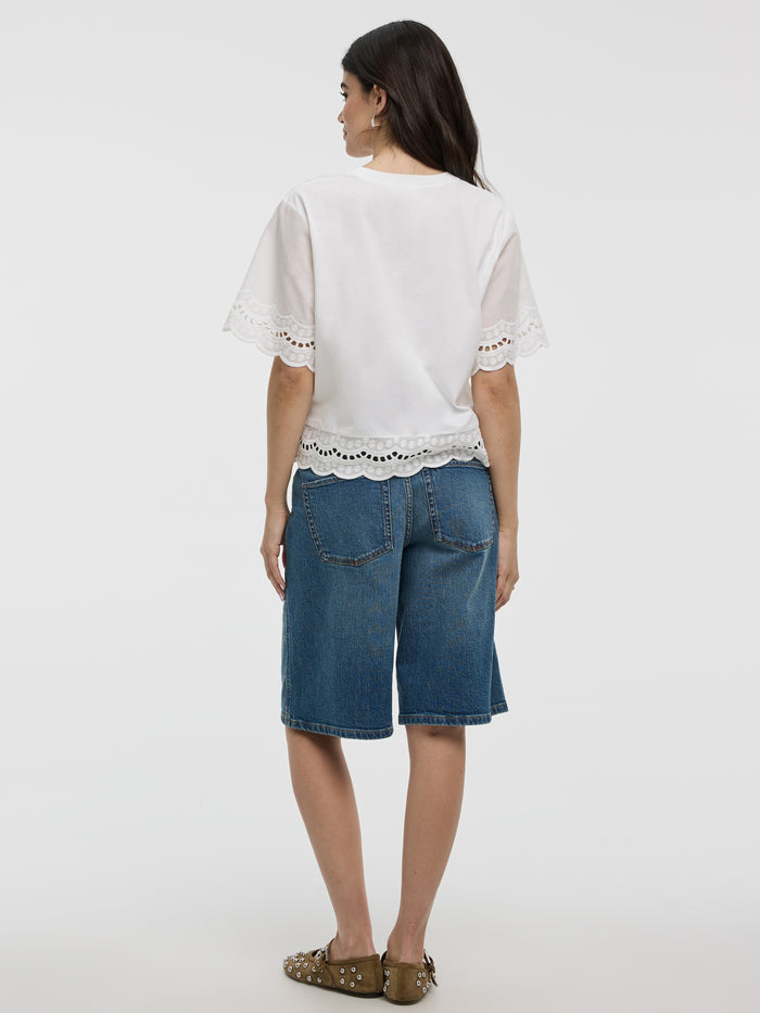 Short-Sleeve Mix-Media Top with Embroidered Trims