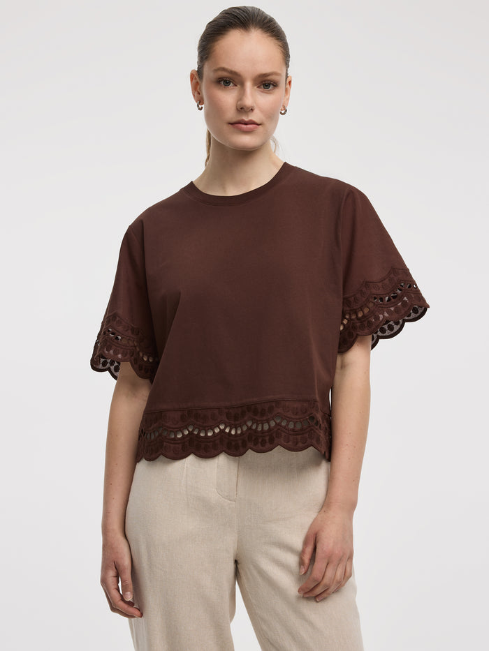 Short-Sleeve Mix-Media Top with Embroidered Trims