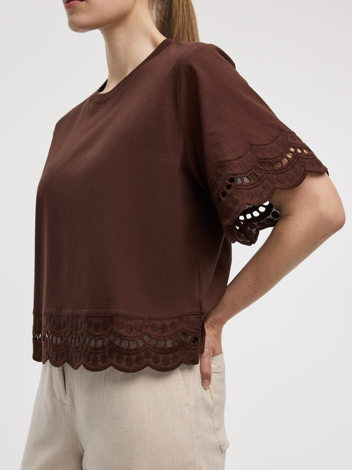 Short-Sleeve Mix-Media Top with Embroidered Trims