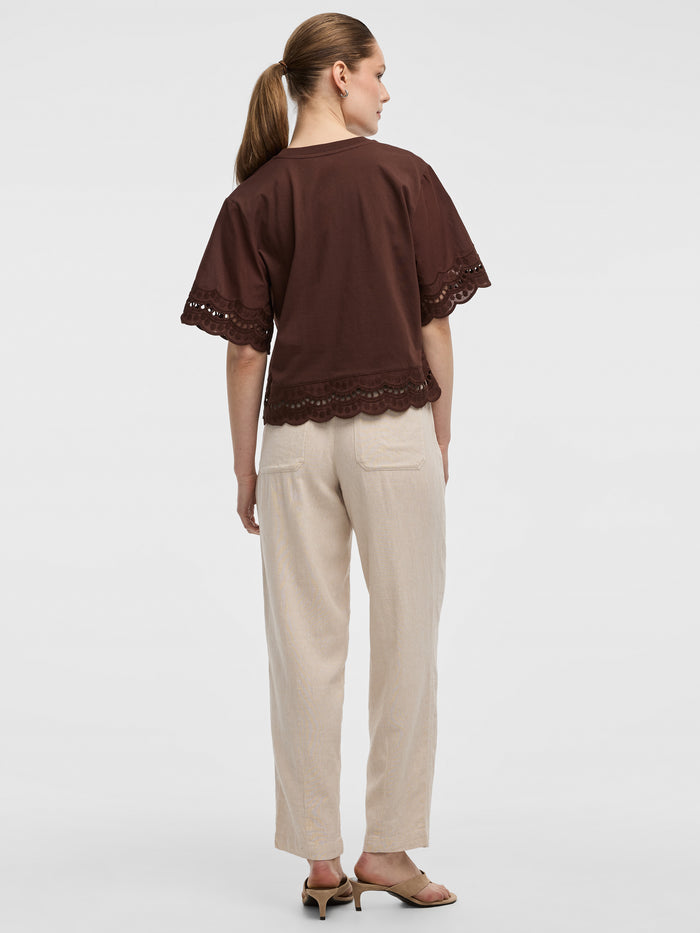 Short-Sleeve Mix-Media Top with Embroidered Trims