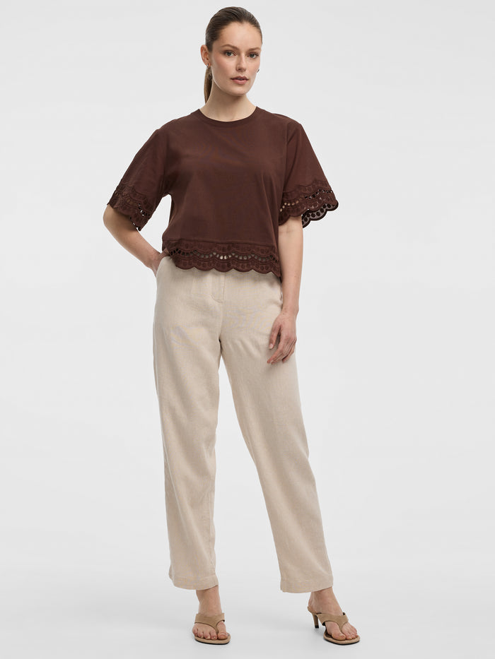 Short-Sleeve Mix-Media Top with Embroidered Trims