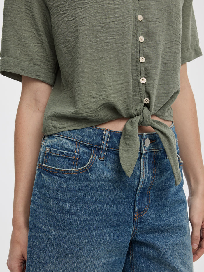 Short-Sleeve V-Neck Blouse with Self-Tie Closure