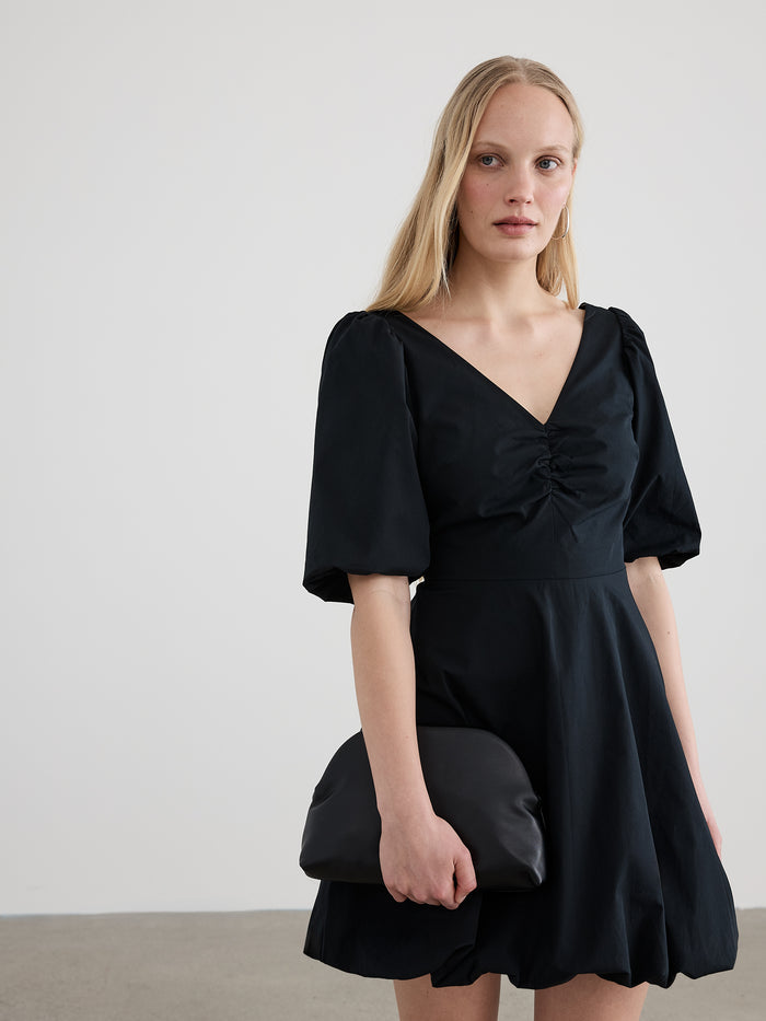 Short-Sleeve V-Neck Mini Dress with Bubble Hem