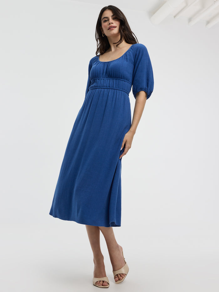 Short-Sleeves Scoop-Neck Empire Midi Dress