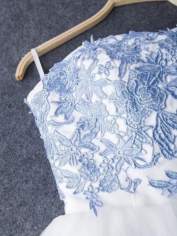 Short White Prom Dress with Blue Lace Applique, Blue Lace Formal Dress, Graduation Dress, Homecoming Dress