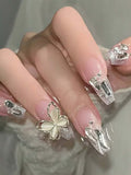Silver Butterfly 3D Press On Nails â€“ 24 Pieces Glossy Glitter Acrylic False Nail Set for Women