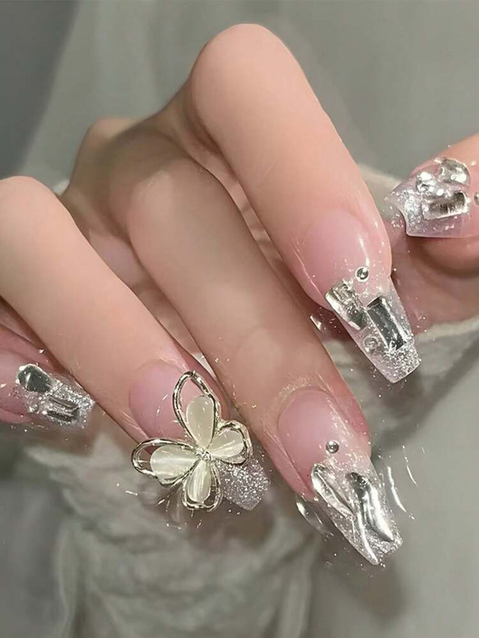 Silver Butterfly 3D Press On Nails â€“ 24 Pieces Glossy Glitter Acrylic False Nail Set for Women